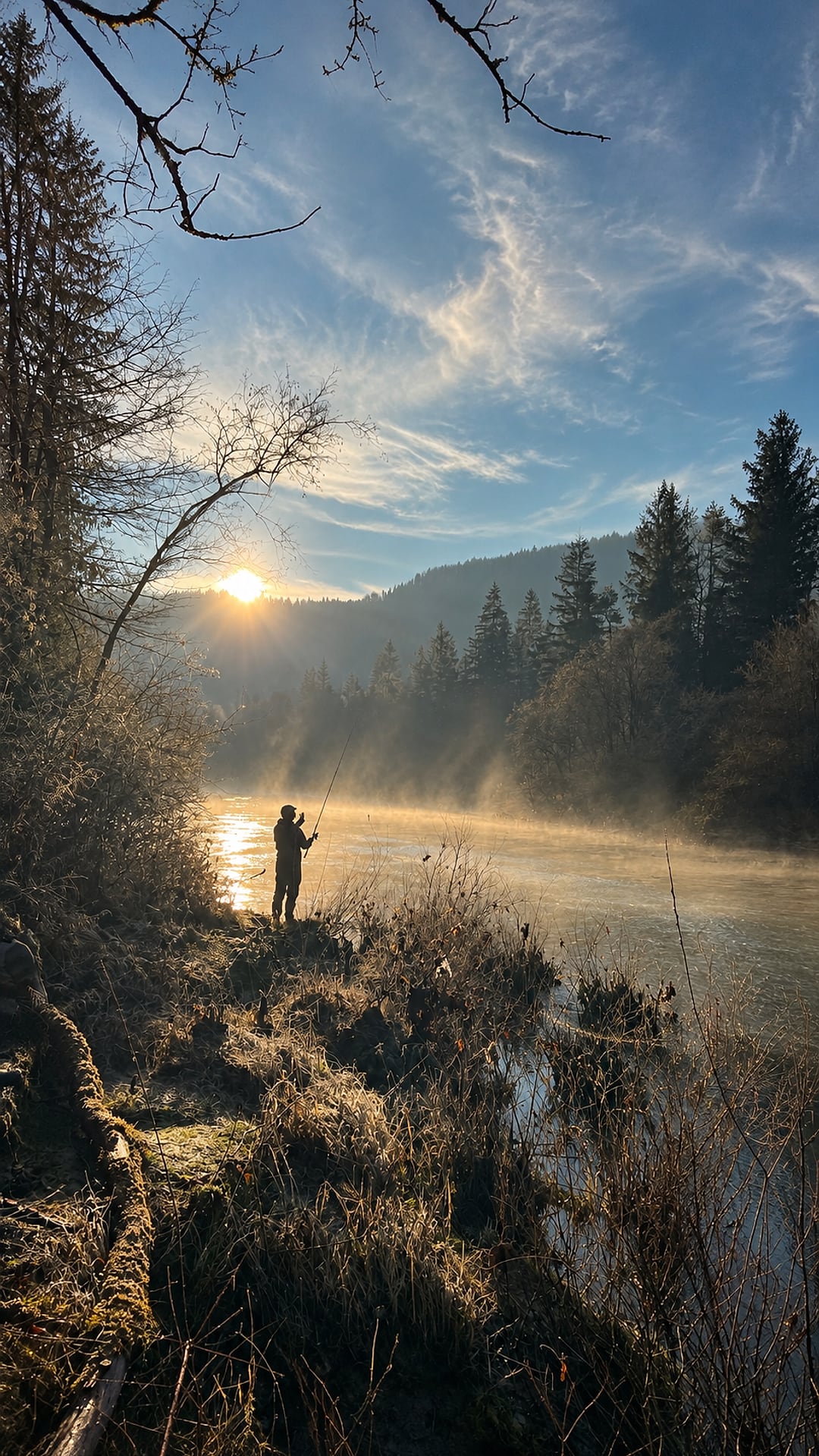 An angler casting for huchen at first light, steam rising off a Balkan river